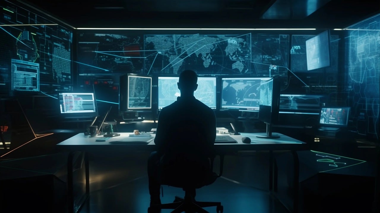 man sitting in front of monitors in cyber security control center